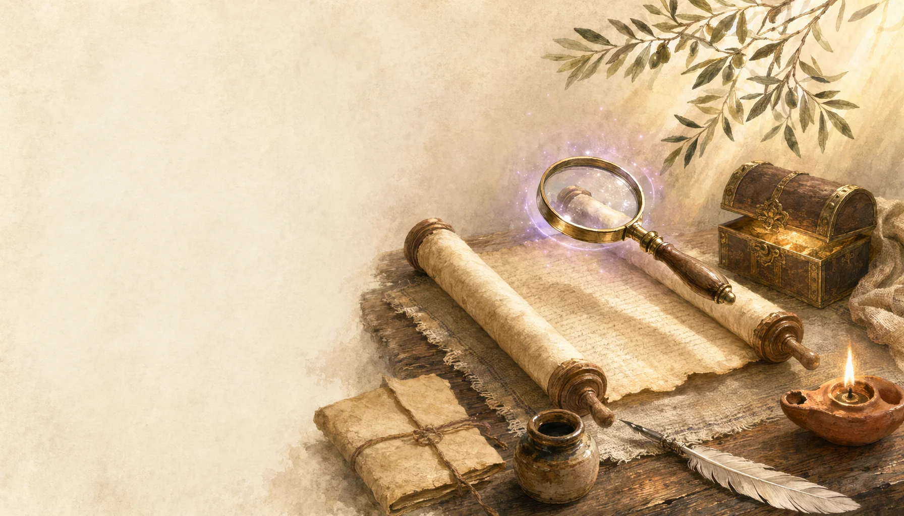 A study desk with an open ancient scroll, brass magnifying glass with a soft sparkle, oil lamp, and a small treasure chest — symbolizing Inductive Bible Study with AI assistance