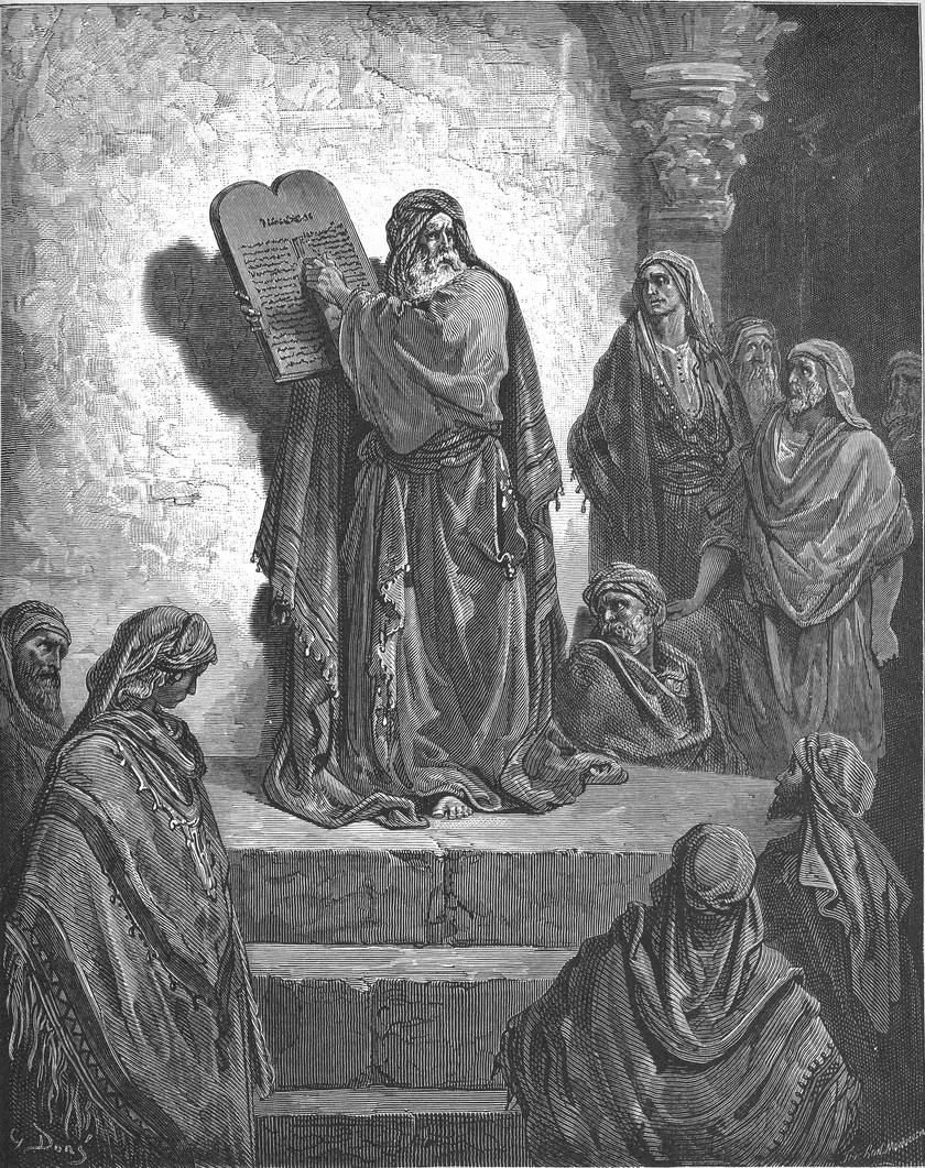 Engraving by Gustave Doré: Ezra reads the law to the people from a raised platform
