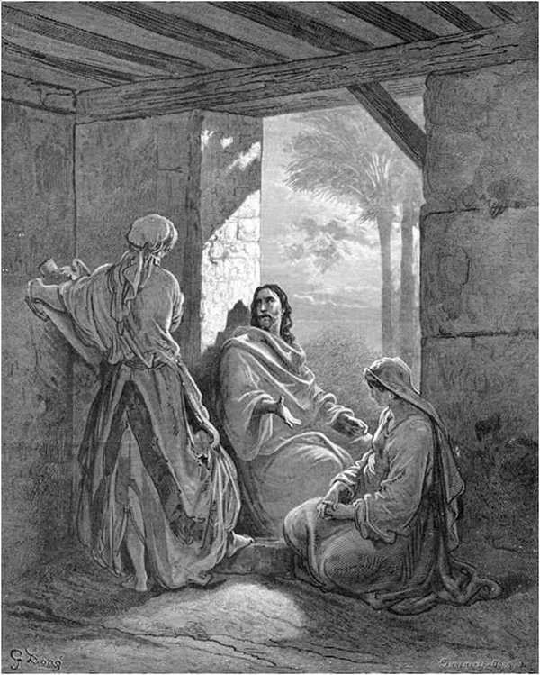 Engraving by Gustave Doré: Mary seated at the Lord's feet listening to his word, with Martha standing by