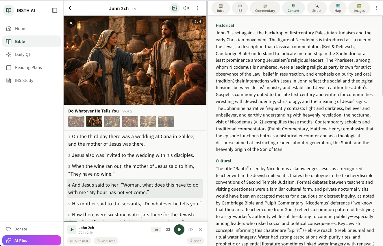 Bible reading with scene illustrations and historical context